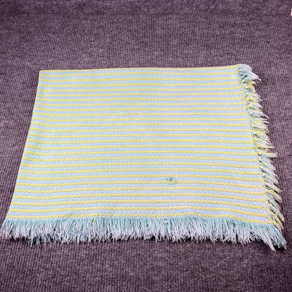 Vtg Knit Blanket Blue Yellow Fringe Unisex Cotton Throw Blanket - Picture 6 of 14
